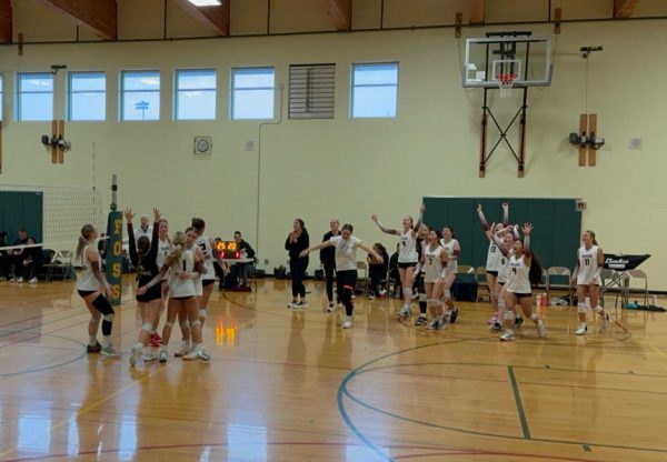 prairie girls celebrate after win at District tournament.