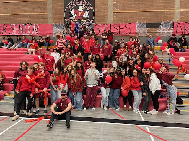 The Senior section rocking the red at the Spring Color Wars Assembly on Friday, March 28.