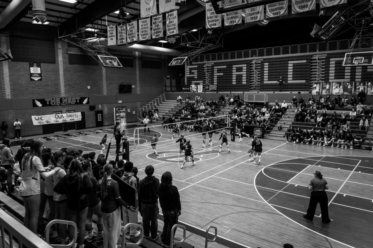 The prairie falcons set the tone during a dominant 3-0 league win over Heritage Highschool, the students watched eagerly as #4 Gracie Jacoby slams the ball down on the T-Wolves side to extend the Falcons lead as they continued to run away with their victory.
