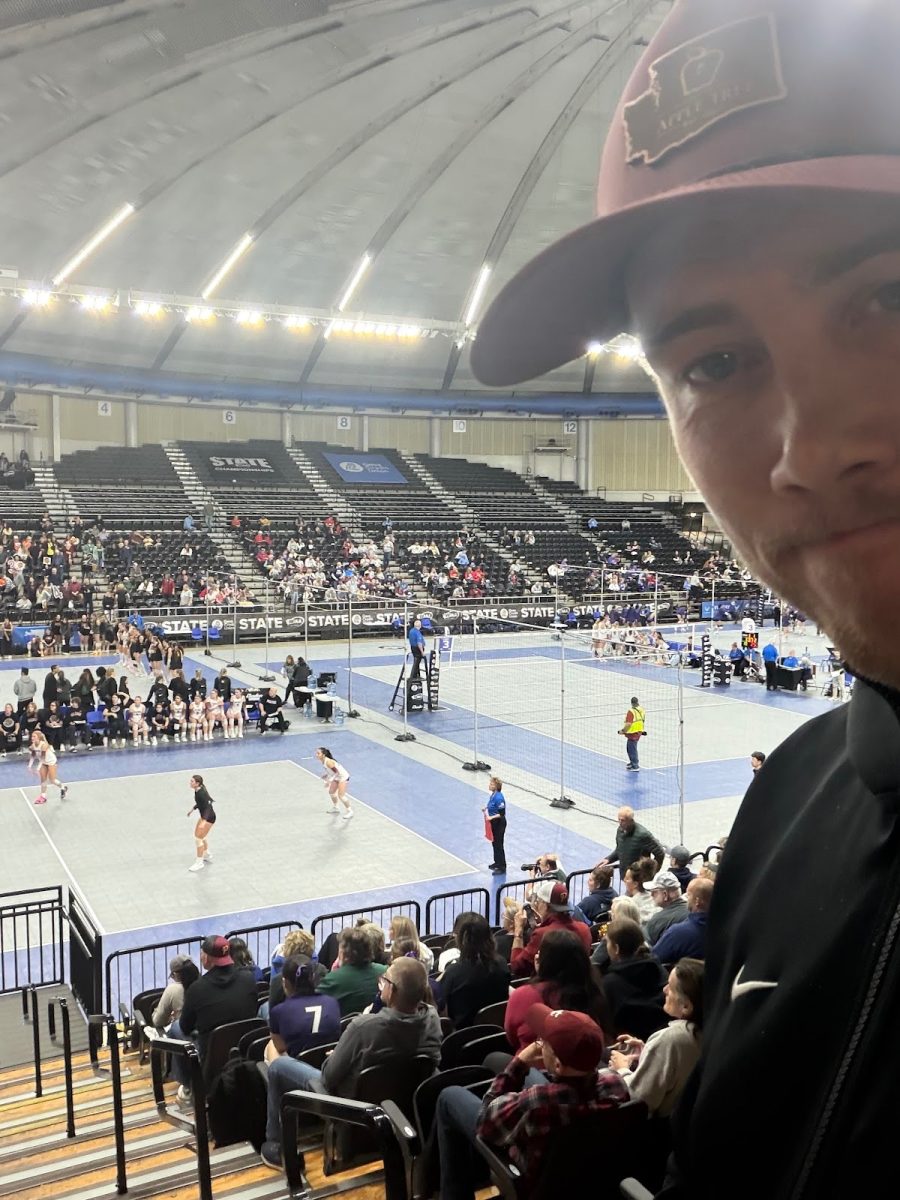 Prairie High School's Athletic Director, Everett Klodt, shows his unwavering support at the volleyball championships at the Sun Dome in Yakima.