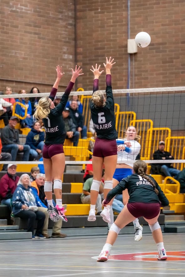 Senior Alivia Snyder and sophomore Yanna Tkachenko are blocking the ball during the Skyview vs. Prairie game at home on Thursday September 25th at 7pm.