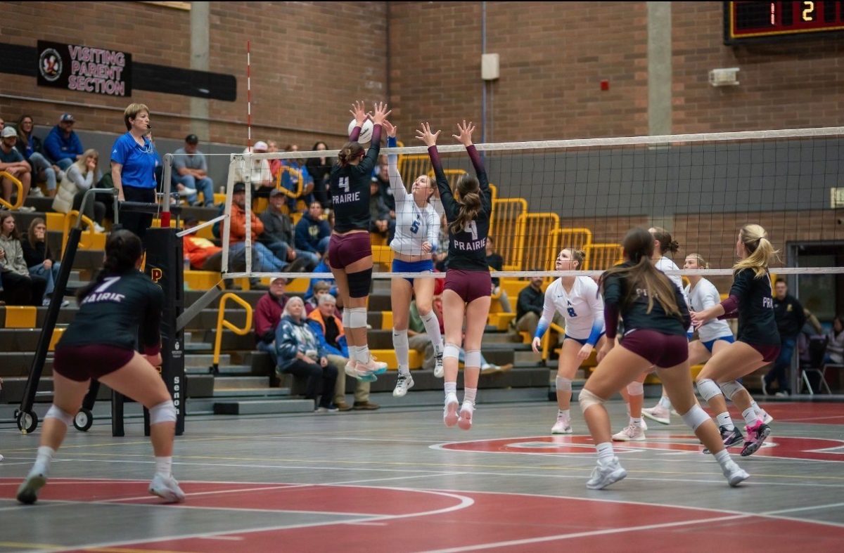 Gracie Jacoby blocks Kelso's outside hitter on Monday, October 6th at prairie high school. 